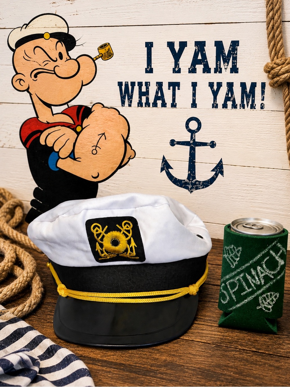 💪 ⚓ Popeye Sailor Man Hat + Spinach Can Koozie Set